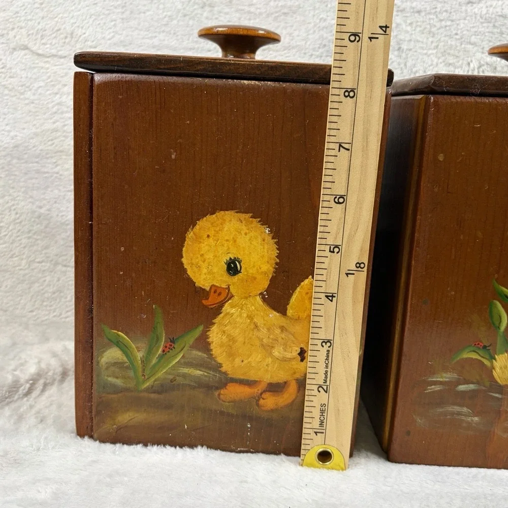 Vintage Hand Painted Wooden Duckling Trinket Boxes Pair Cottagecore Folk Art